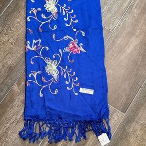 Pashmina Royal Blue Scarf with Vibrant Floral Design
